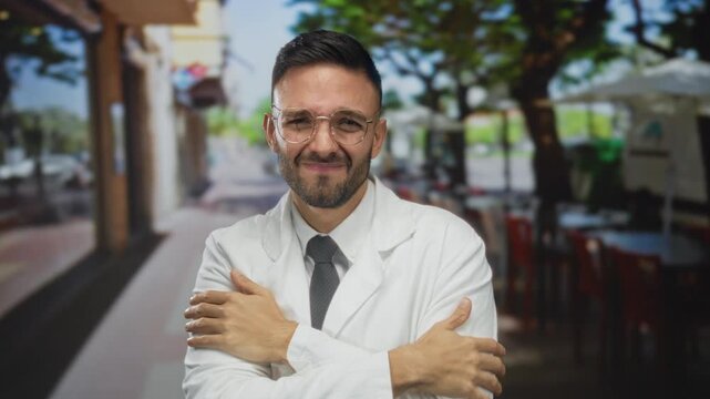 Hispanic man wearing a white coat and tie standing outdoors on a city street expressing cold with a smile while clapping hands during an urban day.