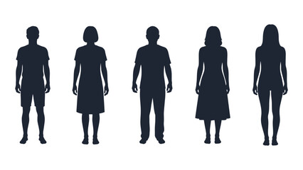 Silhouettes of five people isolated on white background, Vector