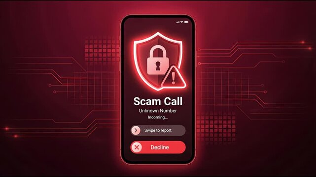 Smartphone scam call alert warning incoming unknown number with red security shield icon, alert symbol, decline button, swipe to report prompt and digital circuit background for fraud protection