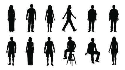 Various silhouettes of people in different poses isolated on white background, Vector