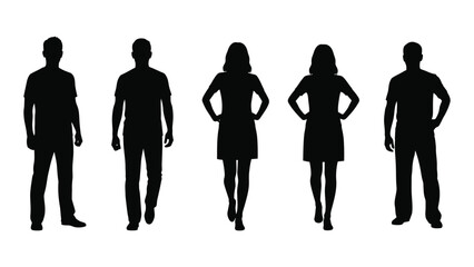 Silhouettes of five people isolated on white background, Vector