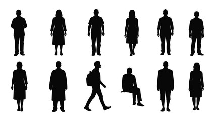 Silhouettes of people in various poses isolated on white background, Vector