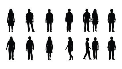 Silhouettes of people in various poses isolated on white background, Vector
