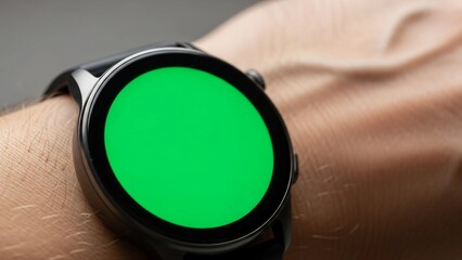 A close-up of a smartwatch with a green screen on a person's wrist