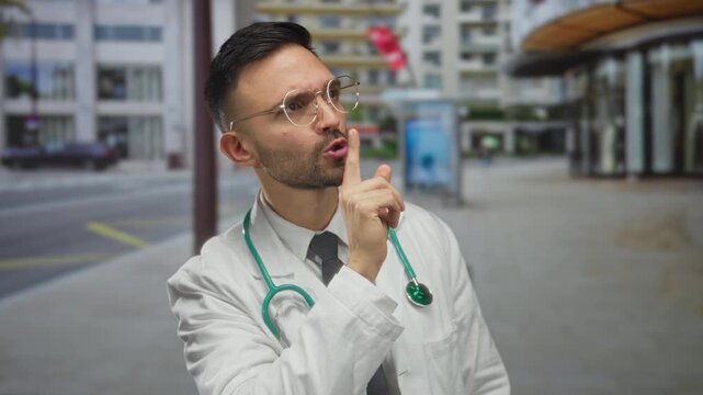 Young hispanic male doctor in white coat with stethoscope gestures for silence outdoors on a busy urban street, creating a sense of calm professionalism amidst the city bustle.