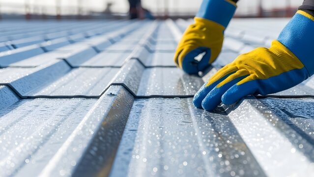 Worker installing metal roof panels, construction and renovation concept for industry, craftsmanship, safety and professional building services