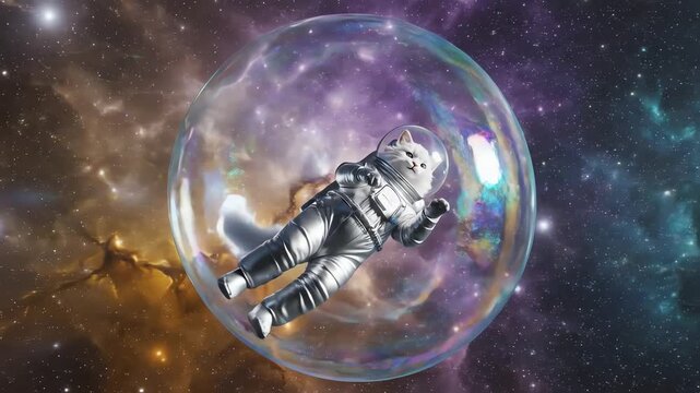 A brave white feline astronaut, encased in a shimmering silver spacesuit, tumbles slowly within a giant, iridescent bubble, drifting through the vibrant, star filled expanse of a colorful cosmic.