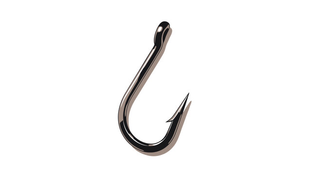A shiny metal fishing hook stands alone on a white background with no distractions nearby.