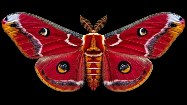 A striking crimson and orange silk moth displays its intricate wing patterns against a dark background