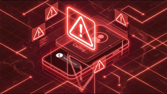 Red warning alert icons above ringing smartphone incoming call scam alert notification with cyber security warning, fraud notification and urgent incoming call alert on glowing digital network grid