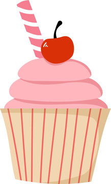 Pink Frosted Cupcake With Cherry Illustration 