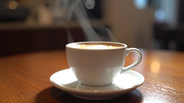 A steaming cup of coffee sits on a wooden table