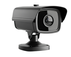A black surveillance camera with a black lens and a black casing, isolated on a png transparent