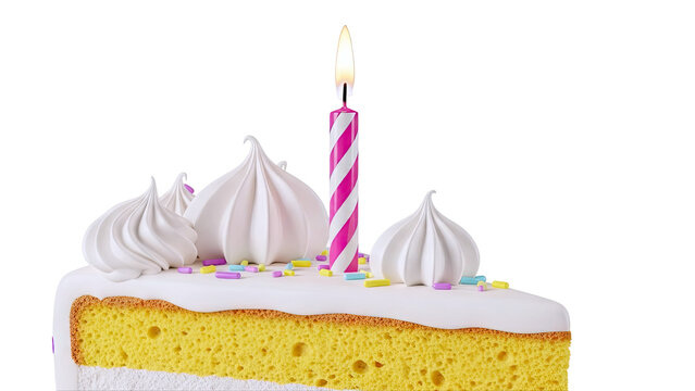 Slice of Birthday Cake with Candle and Meringue