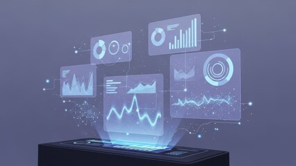 Futuristic Holographic Data Visualization Displaying Financial Charts and Graphs with Digital Network Elements
