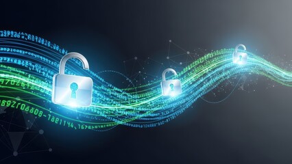 Unlocked Digital Security Padlocks Amidst Flowing Binary Code and Network Connections