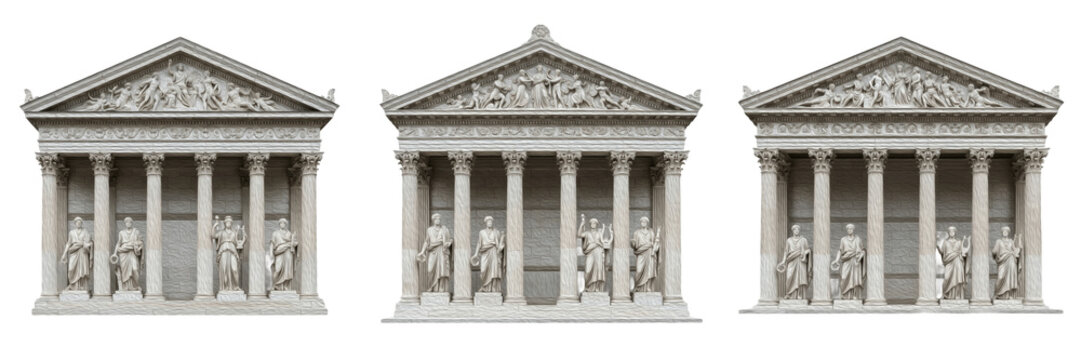 Classical ancient Greek temple with marble columns and statues isolated on white background, set of three architectural facades