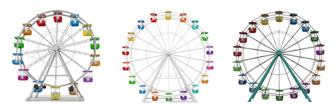 Set of colorful Ferris wheels isolated on white background,