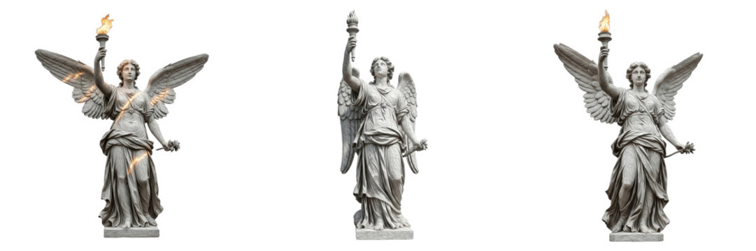 Winged angel statue holding a flaming torch isolated on white background, set of three views