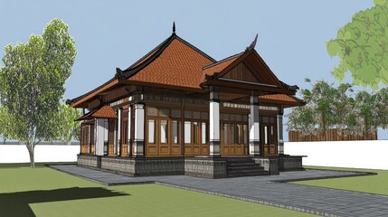 Architectural 3D Model: Traditional Asian House Design