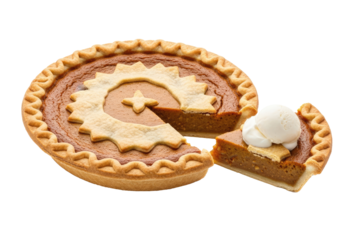 A pumpkin pie with a star design on top, garnished with whipped cream, on a png transparent