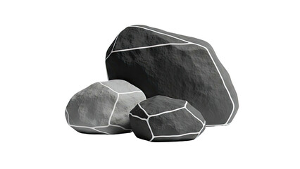 Three stylized rocks with white outlines on a white background