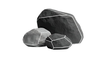 Three stylized rocks with white outlines on a white background