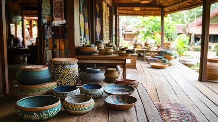 Fototapeta premium Handcrafted Pottery Bowls and Vases on Display in a Traditional Southeast Asian Setting
