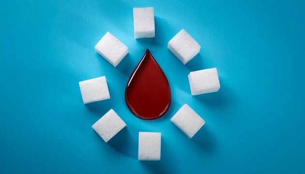 Sugar Cubes Falling Around A Drop Of Blood On A Blue Background
