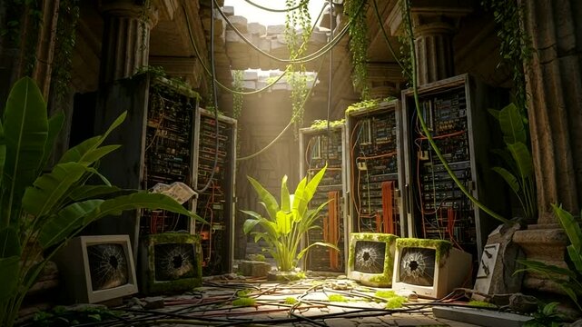 Abandoned Server Room Overgrown with Lush Green Plants and Sunlight.