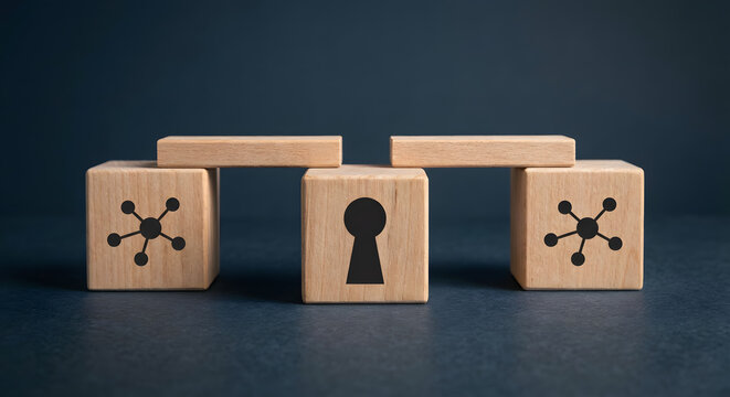 wooden blocks with keyhole and network icons representing cyber security data protection information privacy connectivity secure network access and digital infrastructure solutions - Powered by Adobe