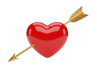 Golden arrow piercing red heart isolated on transparent background
