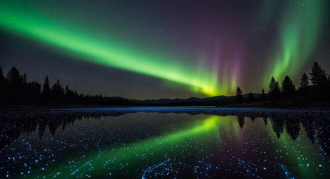 Vibrant Aurora Borealis Reflecting on Calm Lake Surface at Night.
