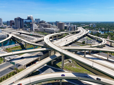 Major freeway interchange of I-4 and state road 408 in downtown Orlando in Orange County, Florida.