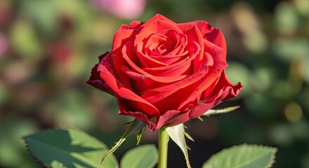 Naklejka premium A vibrant red rose with water droplets on its petals, set against a blurred green background.