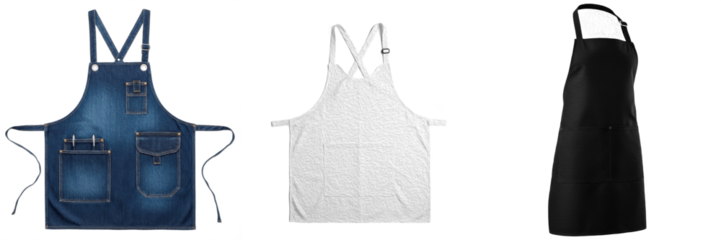 Set of professional kitchen aprons including blue denim, white cotton, and black waterproof chef apron isolated on white background