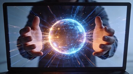 Hands touching digital globe network interface with colorful glowing nodes - Powered by Adobe