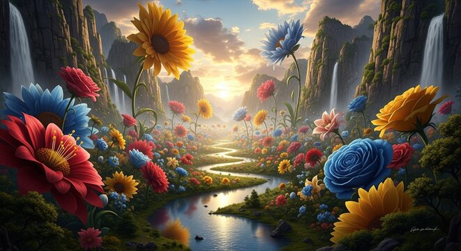 Vibrant Fantasy Landscape with Giant Flowers and Winding River at Sunset.
