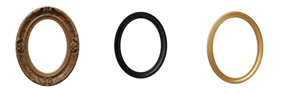 Collection of vintage and modern oval picture frames isolated on white background, antique gold and black wooden mirror frames set