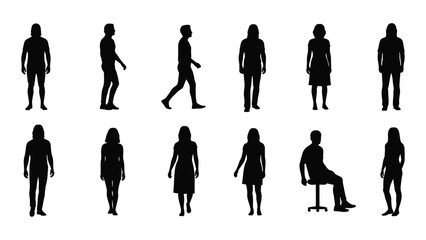 Silhouettes of people in various poses isolated on white background, Vector