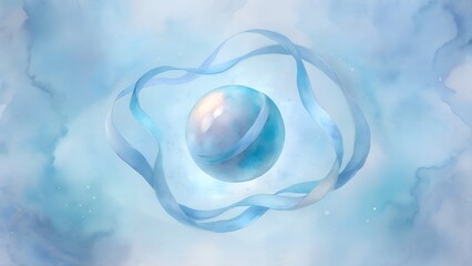 Abstract blue and white sphere enveloped by swirling ribbons with soft lighting