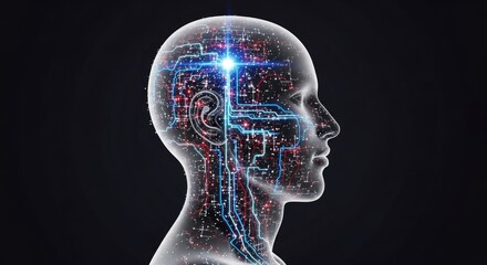 A transparent human head with glowing red and blue circuitry and lights, set against a black background.