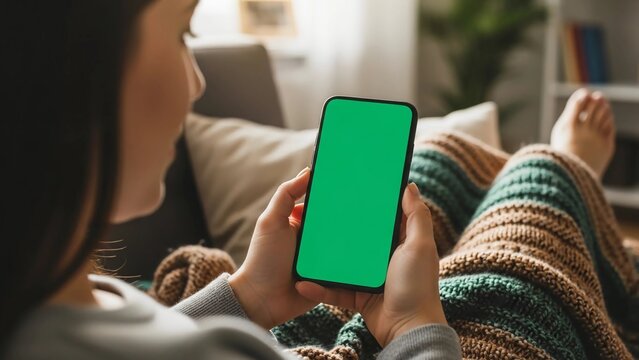 A woman relaxing on a couch while holding a smartphone with a green screen