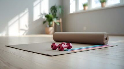 Home Workout Setup with Yoga Mat and Pink Dumbbells