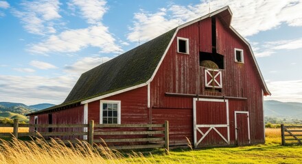 Obraz premium A red barn with a green roof and a hayloft, surrounded by a wooden fence and a grassy field with mountains in the background.