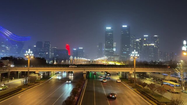 CHENGDU, CHINA - JANUARY 19, 2026: Vertical/Horizontal (Horizontal) time-lapse video of the night cityscape in Chengdu High-tech Zone. The footage shows the busy traffic on Tianfu Avenue, the main axi