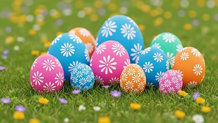 colorful easter eggs with white flowers on grass with small flowers