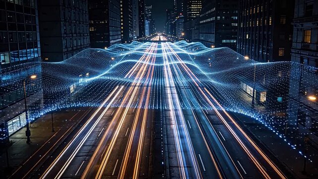 City street at night with car light trails and digital wave grid