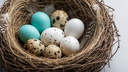 Obraz premium bird nest with eggs and feathers inside natural scene