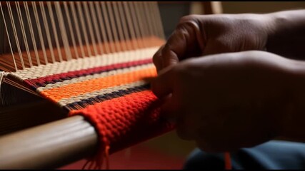 Hands weaving colorful fabric on a traditional wooden loom, artisanal